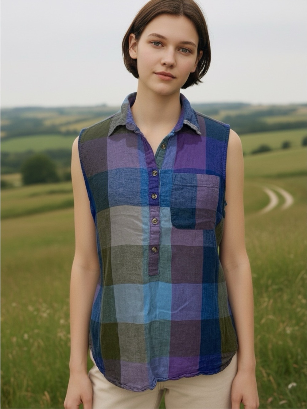 Time and Tru Green Blue & Purple Plaid Sleeveless Button-Front Shirt Women’s L
